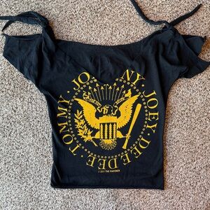 Black Off-Shoulder Graphic Band Tee with Ramones Yellow Print